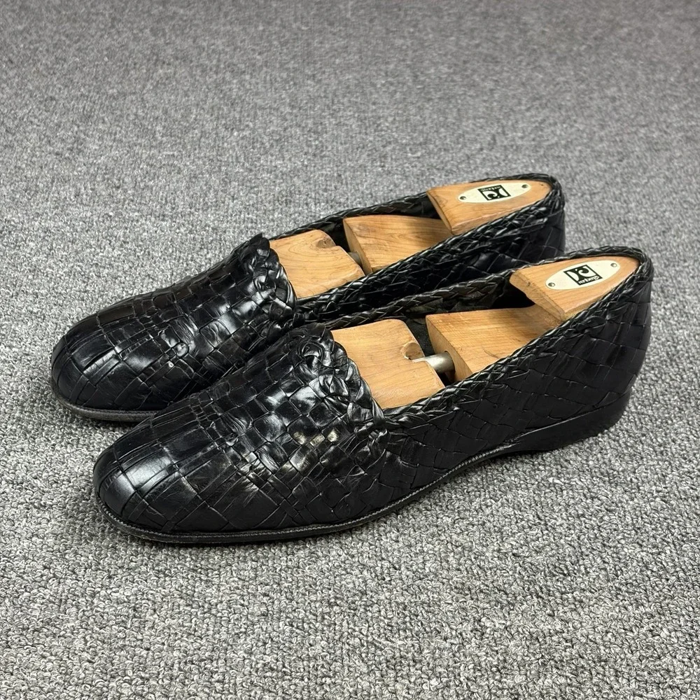 Moreschi Woven Leather Loafers Mens 9.5 Black Handmade Italy Huarache Slip On